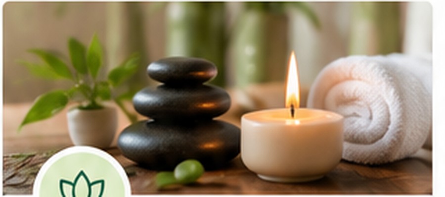 Wellness mit Massagesteinen, Kerze und Handtüchern